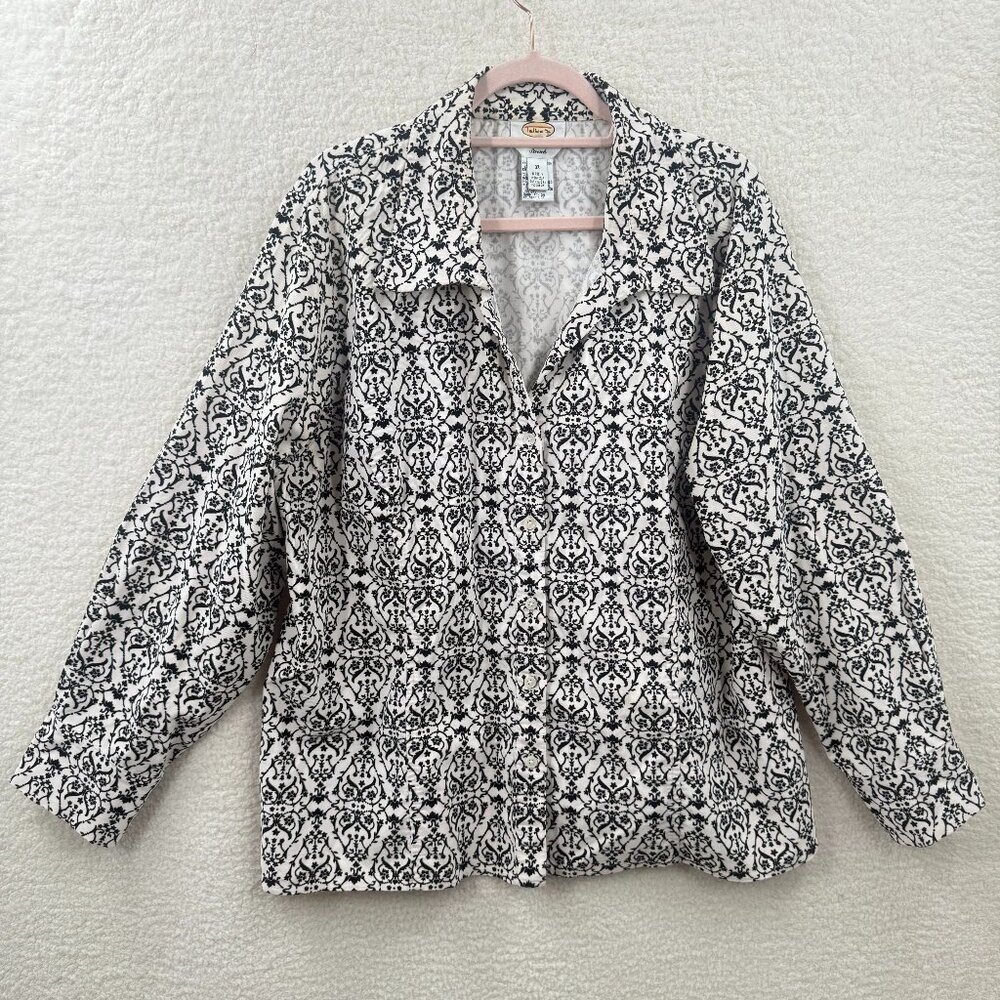 Tolbts Women's Black white pattern Stretch Corduroy button down shirt Blouse 3X